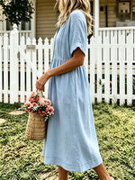 Women's Solid Front Pleated Collar Button Down Roll Sleeve Linen Midi Dress