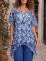 Vintage Art Comfortable Summer Fabrics Asymmetrical Embroidered Sequins Shirt