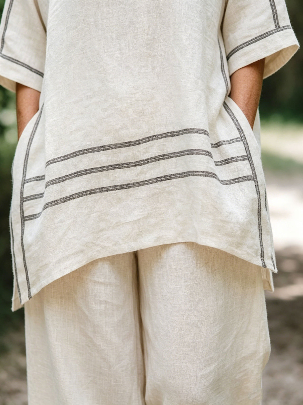 Womens’ Striped Linen Two Piece Outfit, Loose 3/4 Sleeve Top & Wide Leg Pants Matching Set With Pockets