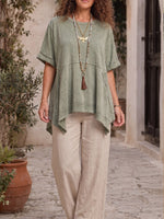 Vintage Art Comfortable Summer Fabrics Asymmetrical Cotton-Linen Blend Shirt