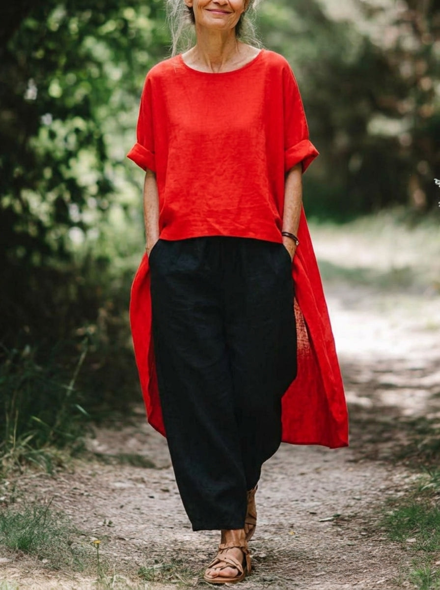 Womens Red Irregular Side Slit Linen Top & Black Drawstring Pants Two Piece Outfit