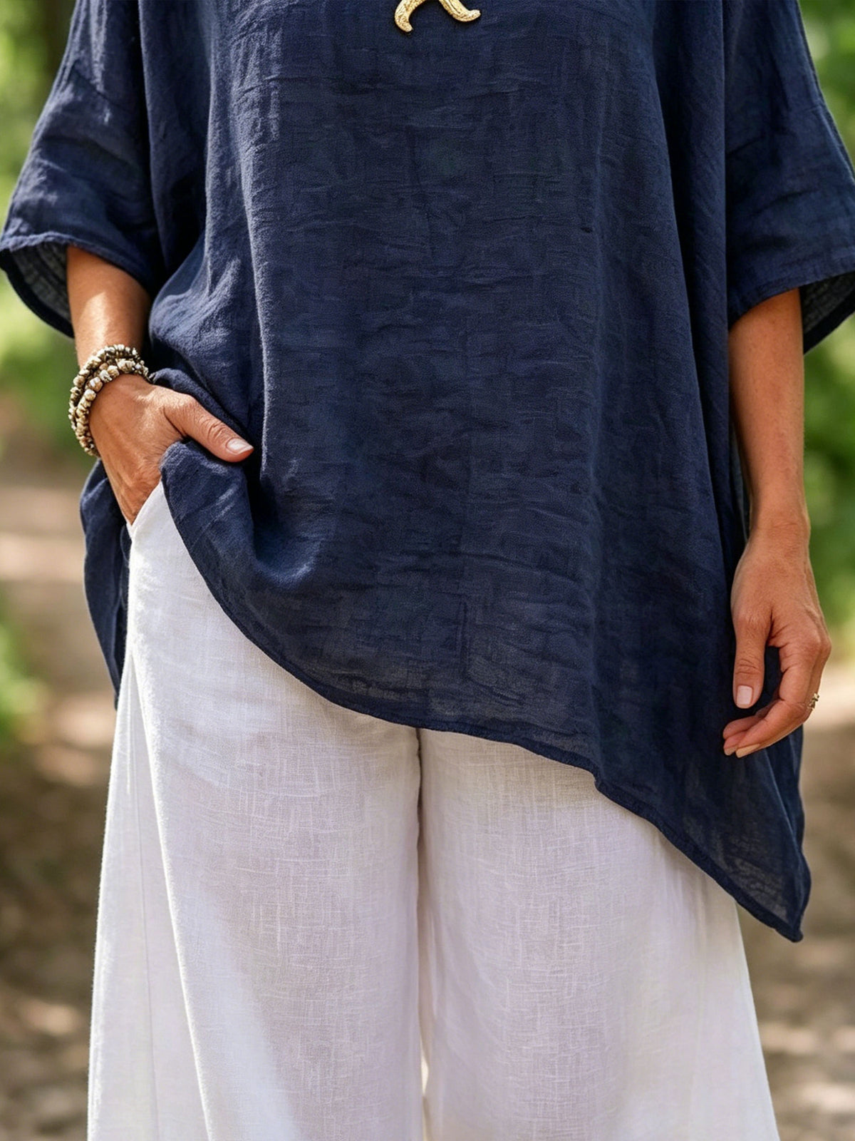 Womens Navy Irregular Hem Linen Top & White Wide Leg Pants Two Piece Matching Set