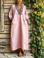 Women’s Casual Cotton Embroidered Print Collar V Neck Long Sleeve Pocket Dress