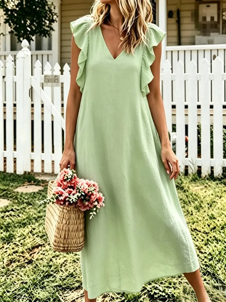 Women's Solid V-Neck Flutter Ruffle Sleeve Loose Linen Midi Dress