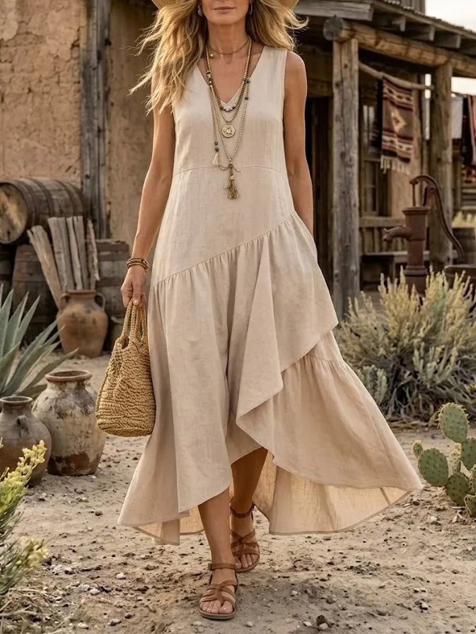 Asymmetrical Ruffle Linen Dress