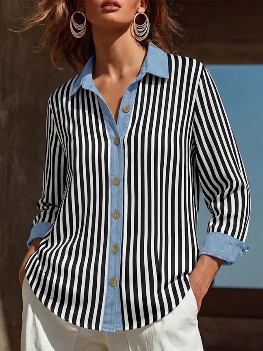 Women's Color-block Striped Shirt Featuring A Minimalist, Chic Style, Spliced collar, And Loose Fit