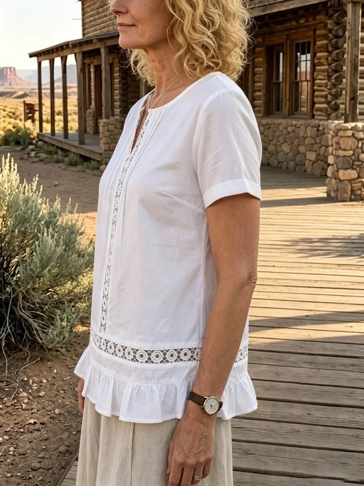 Women's Solid Lace Ruffle Hem Short Sleeve Linen Top