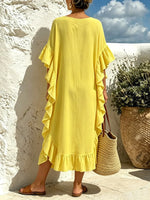 Women Solid Ruffle V-Neck Casual Beach Maxi Dress