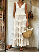 Women's Cotton Linen Square Neck Short Sleeve Flowy Chiffon Midi Dress