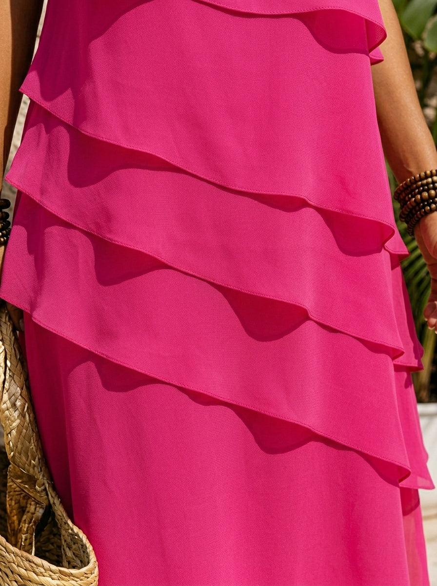 Women's Short Sleeve Tiered Chiffon Midi Shift Dress