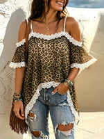 Women's Vintage Leopard Lace Off Shoulder Irregular Hem Top