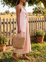 Women Solid Lace Trim V Neck Front Tie Pocket Slip Midi Dress
