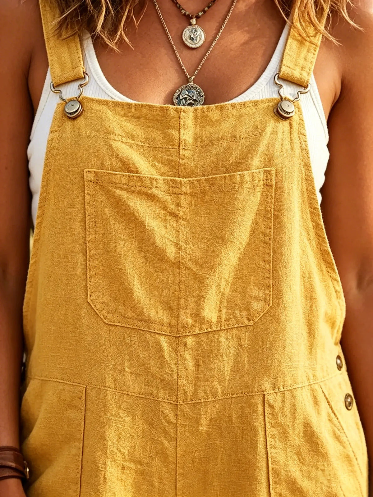 Women's Solid Workwear Pocket Cuffed Linen Overalls Jumpsuit