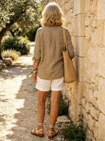 Women's Solid Basic Collar Long Sleeve Linen Blouse