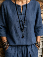 Womens Striped Cotton Linen Two Piece Outfit Frog Button 3/4 Sleeve Top & Harem Pants Set