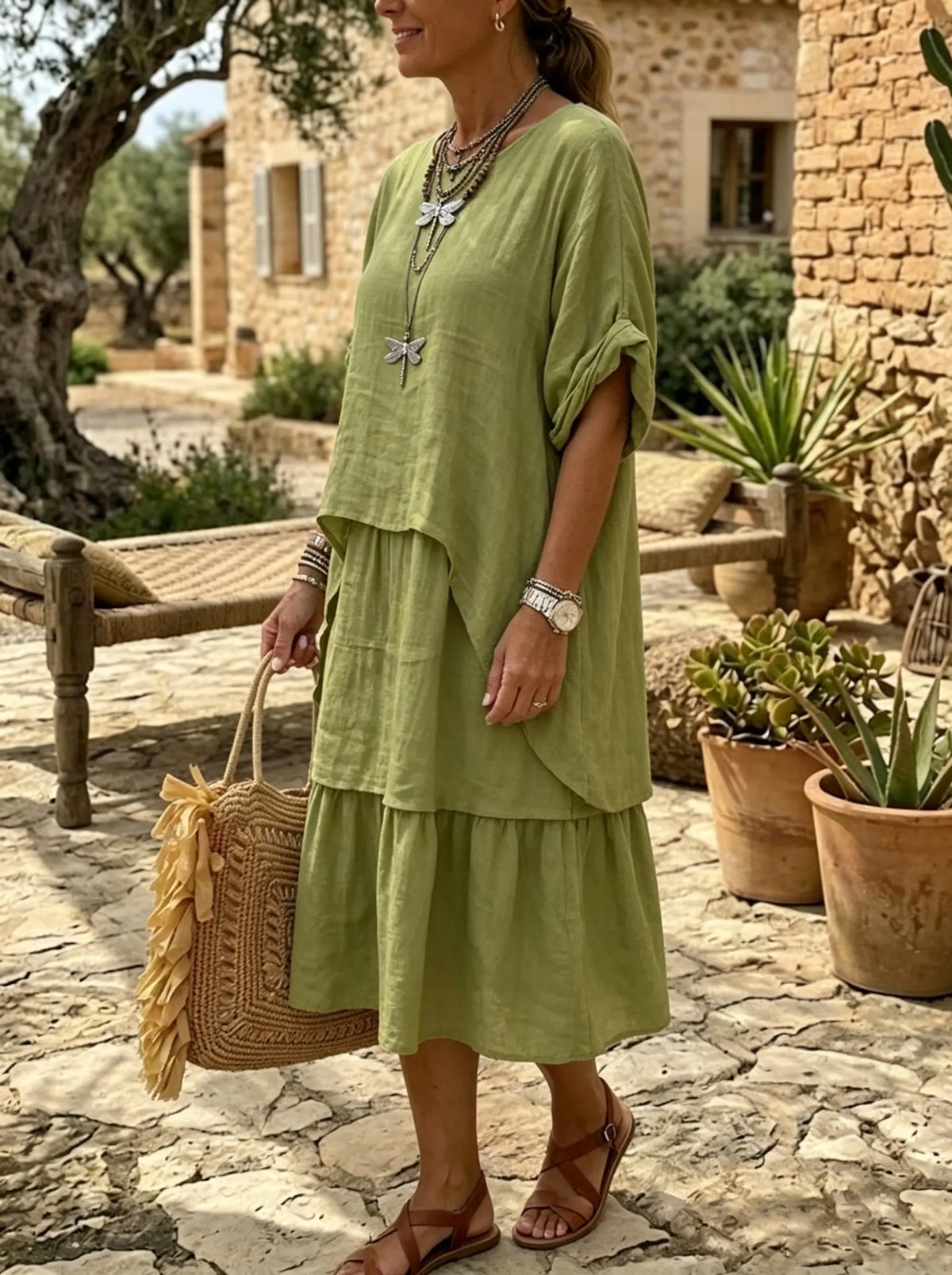Women's Olive Green Tiered Midi Dress
