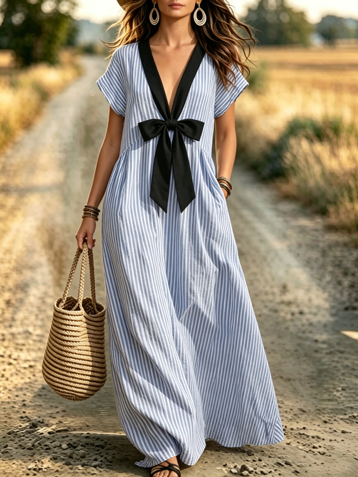 Women's Striped V-Neck Bow Maxi Dress
