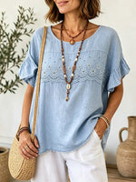 Women Daisy Eyelet Embroidery Ruffle Short Sleeve Babydoll Top