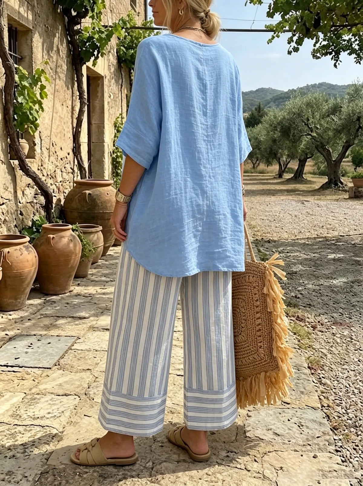 Women's Blue Asymmetrical Tunic and Striped Pants Set