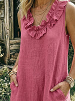 Women's Ruffle V Neck Sleeveless Linen Maxi Dress With Side Pockets