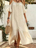 Women Solid Tie Cold Shoulder Button Front Split Ruffle Maxi Dress