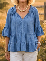 Women's Solid Ruffled Peplum 3/4 Sleeve Cotton Blouse