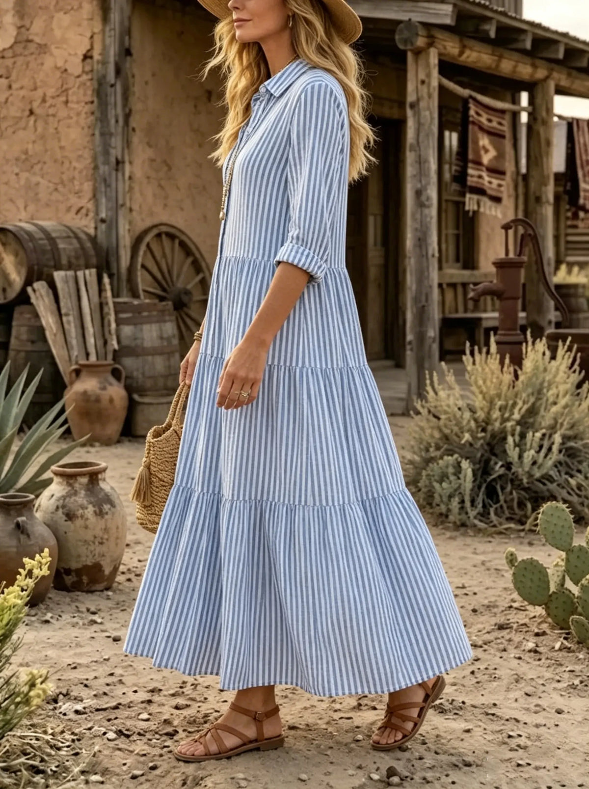 Coastal Breeze Striped Tiered Shirt Dress