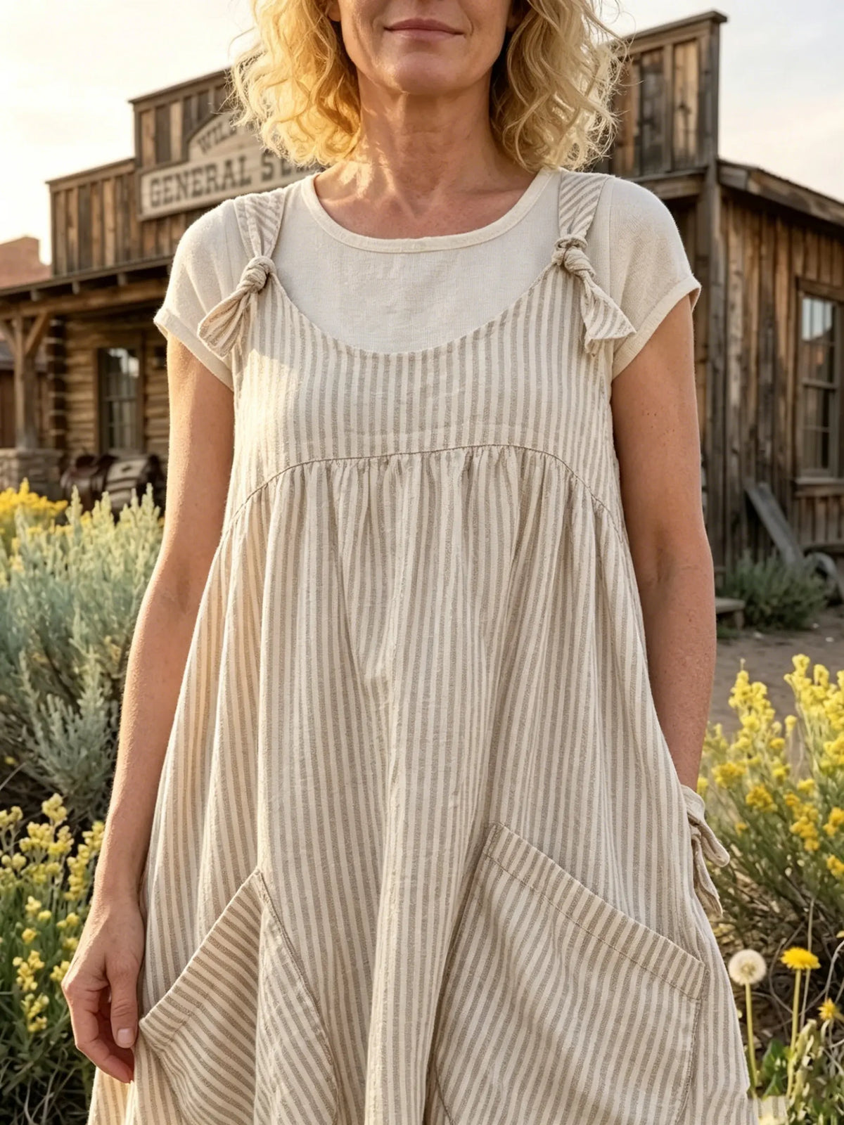 Women's Striped Linen Spaghetti Strap Layered Pocket Dres
