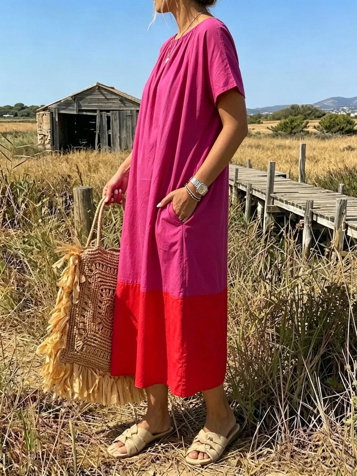 Color-Block Oversized Linen Dress