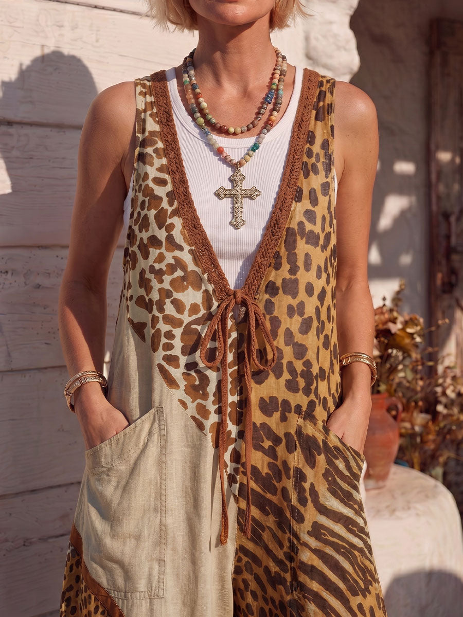Vintage Art Comfortable Summer Fabrics Sleeveless Patchwork Leopard Print Chiffon Jumpsuit
