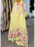 Loose-fit Casual Floral Print Linen-cotton Long Shirt And Trousers Two-piece Set