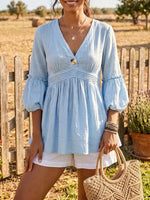 Women Solid V Neck Ruched Puff 3/4 Sleeve Peplum Blouse