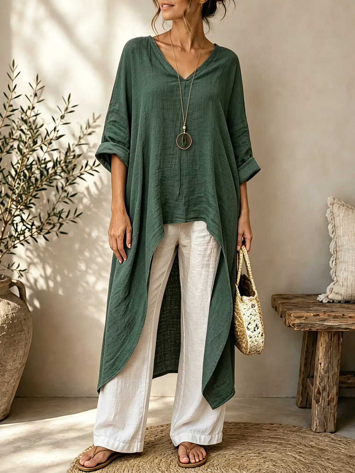 Women Solid Textured V-Neck Split Long Tunic