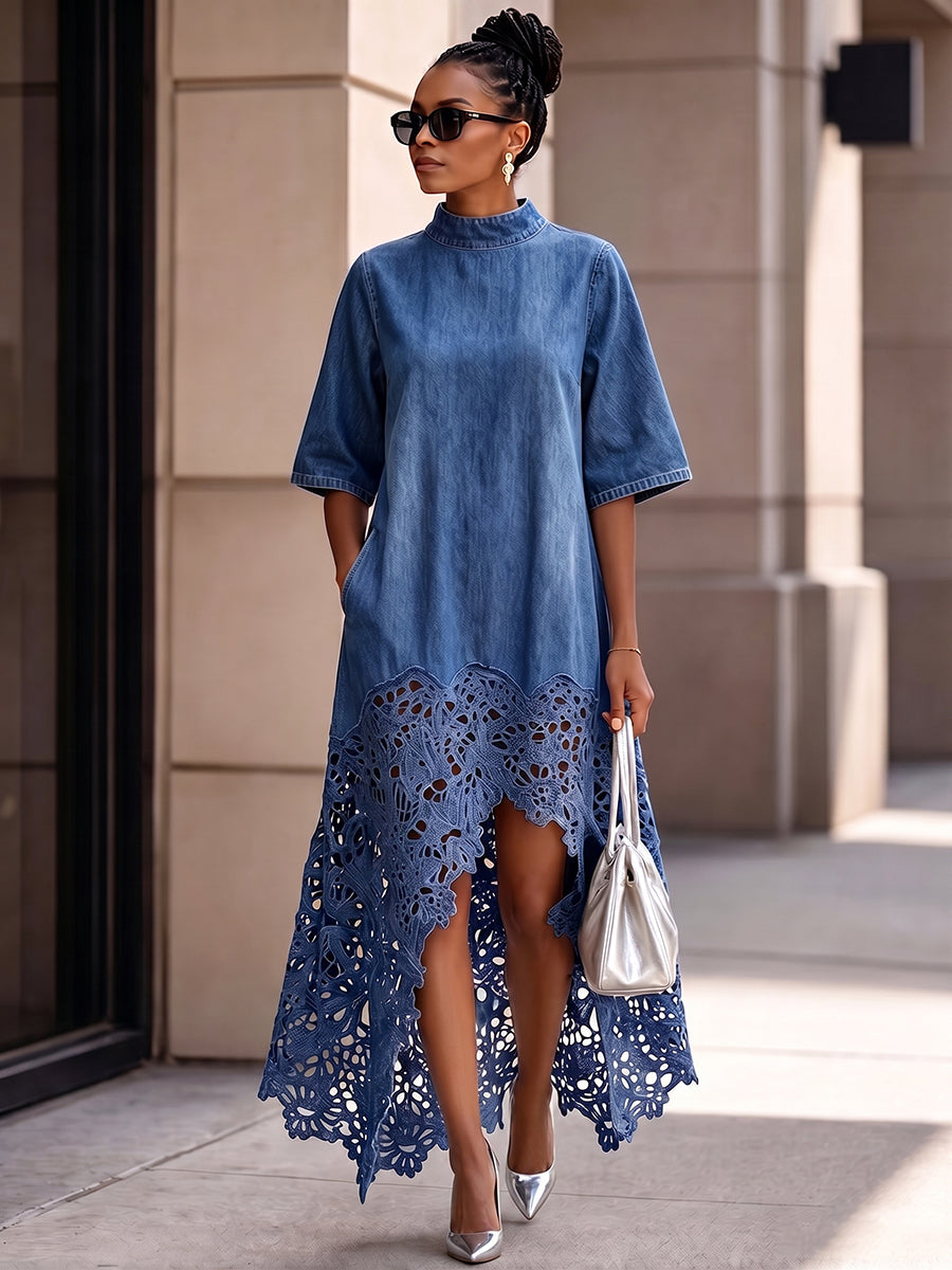 Elegant And Stylish Lightweight Denim Dress With Lace Hem