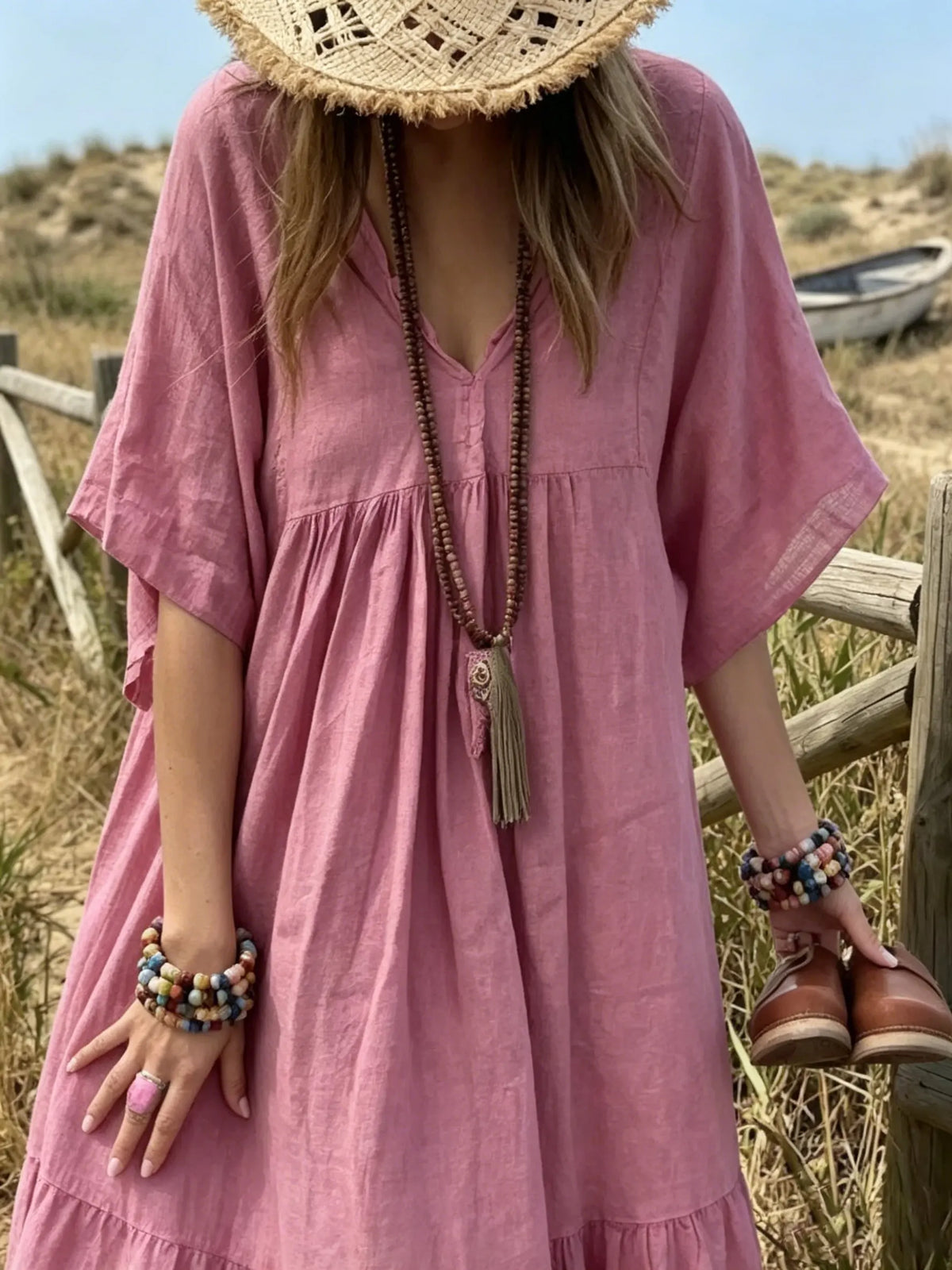 Vintage Rose Bohemian V-Neck Maxi Dress