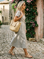 Women's Solid Color V-Neck Short-Sleeve Wrap Dress with Tie-Waist