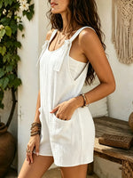 Women's Solid Tie Strap Big Pocket Sleeveless Linen Short Overalls