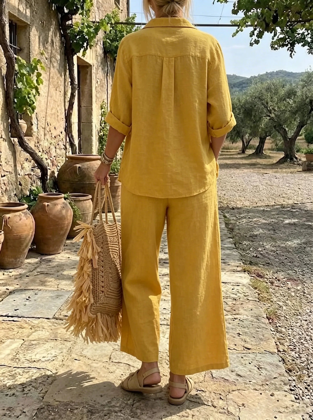 Women's Yellow Button-Down Shirt and Pants Set