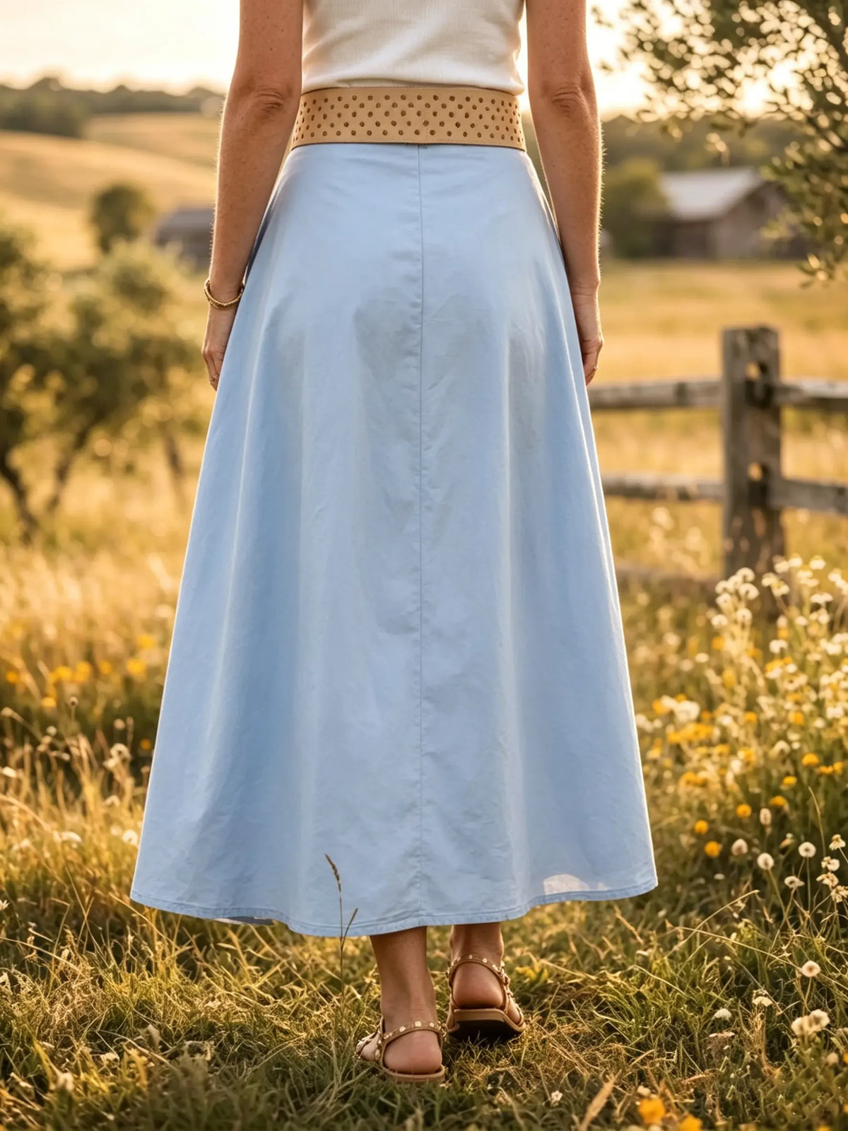 Women's Solid Pleated A-Line Cotton Maxi Skirt with Pockets