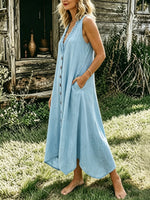 Women's Light Blue Lace V-neck Sleeveless Midi Dress, Button Front Irregular Hem Casual Dress With Pockets