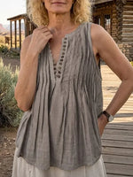 Women's Solid Pleated Button Front Sleeveless Linen Tank Top