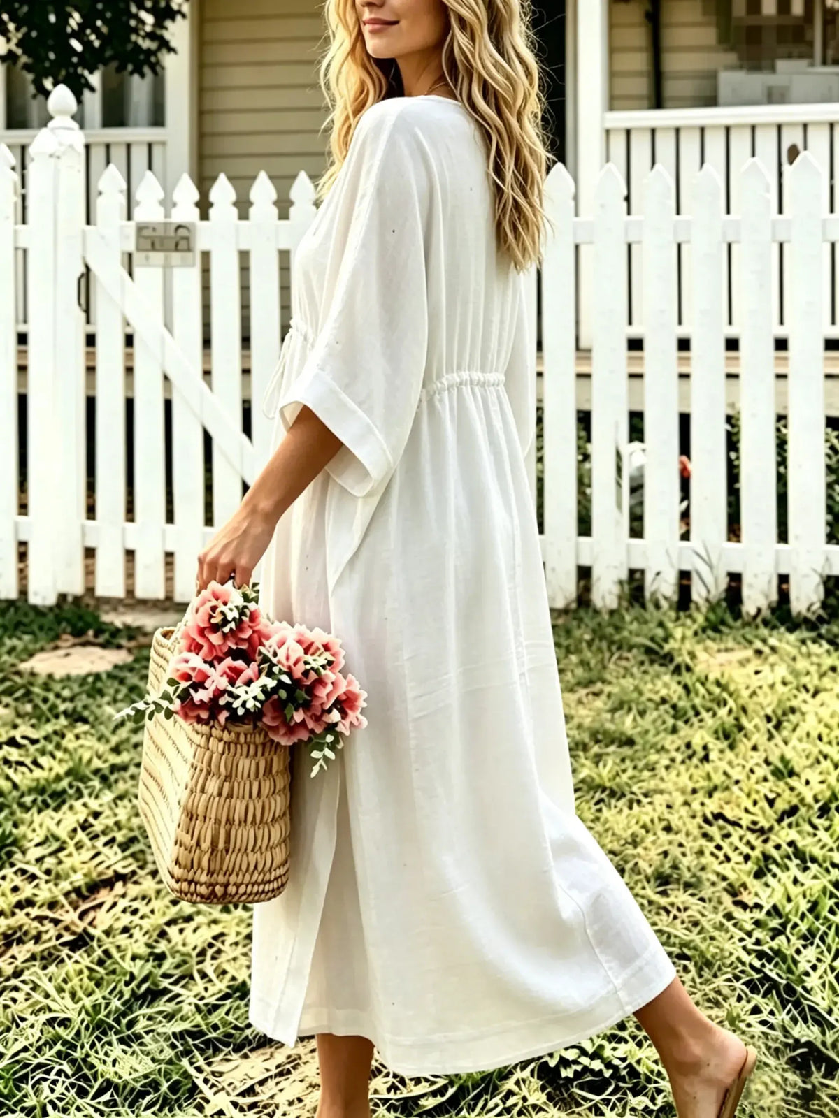 Women's Solid-Color Textured Short-Sleeve Maxi Dress with Drawstring Waist and Loose Fit