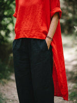 Womens Red Irregular Side Slit Linen Top & Black Drawstring Pants Two Piece Outfit