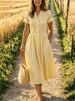 Women’s Casual Vintage Cotton Short Sleeve Pocket Maxi Dress