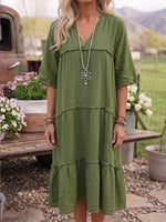 Vintage Art Comfortable Summer Fabrics Linen Blend Patchwork Dress
