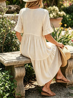 Women's Solid V-Neck Ruffle Short Sleeve Tiered Linen Midi Dress