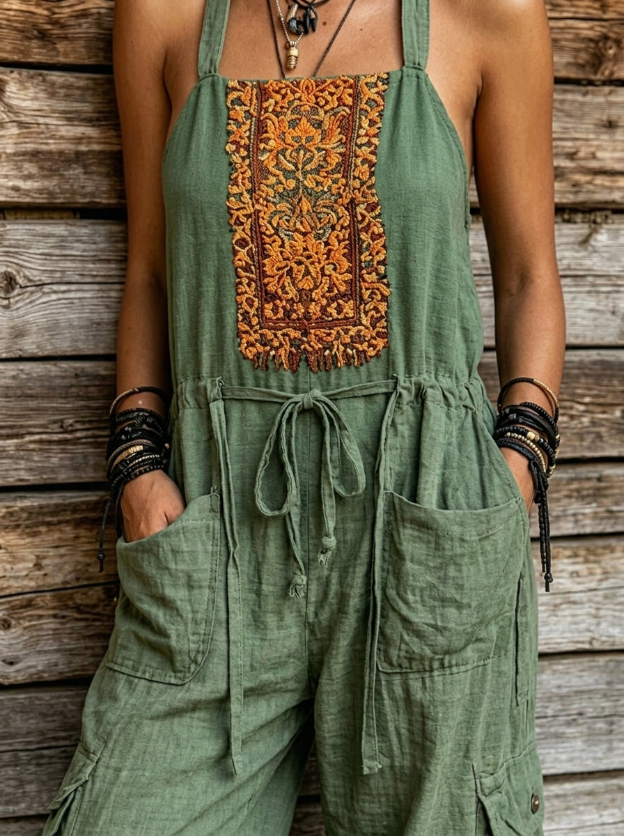 Women's Boho Embroidered Harem Jumpsuit – Sleeveless Cotton Linen Romper with Utility Pockets