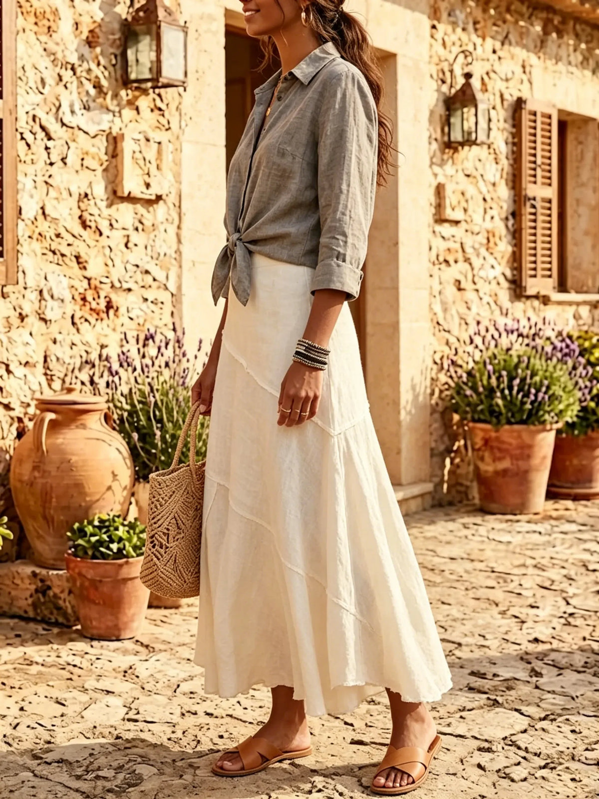 Women Solid Linen Tie Front Collar Shirt & Irregular Patch Maxi Skirt 2 Piece Set