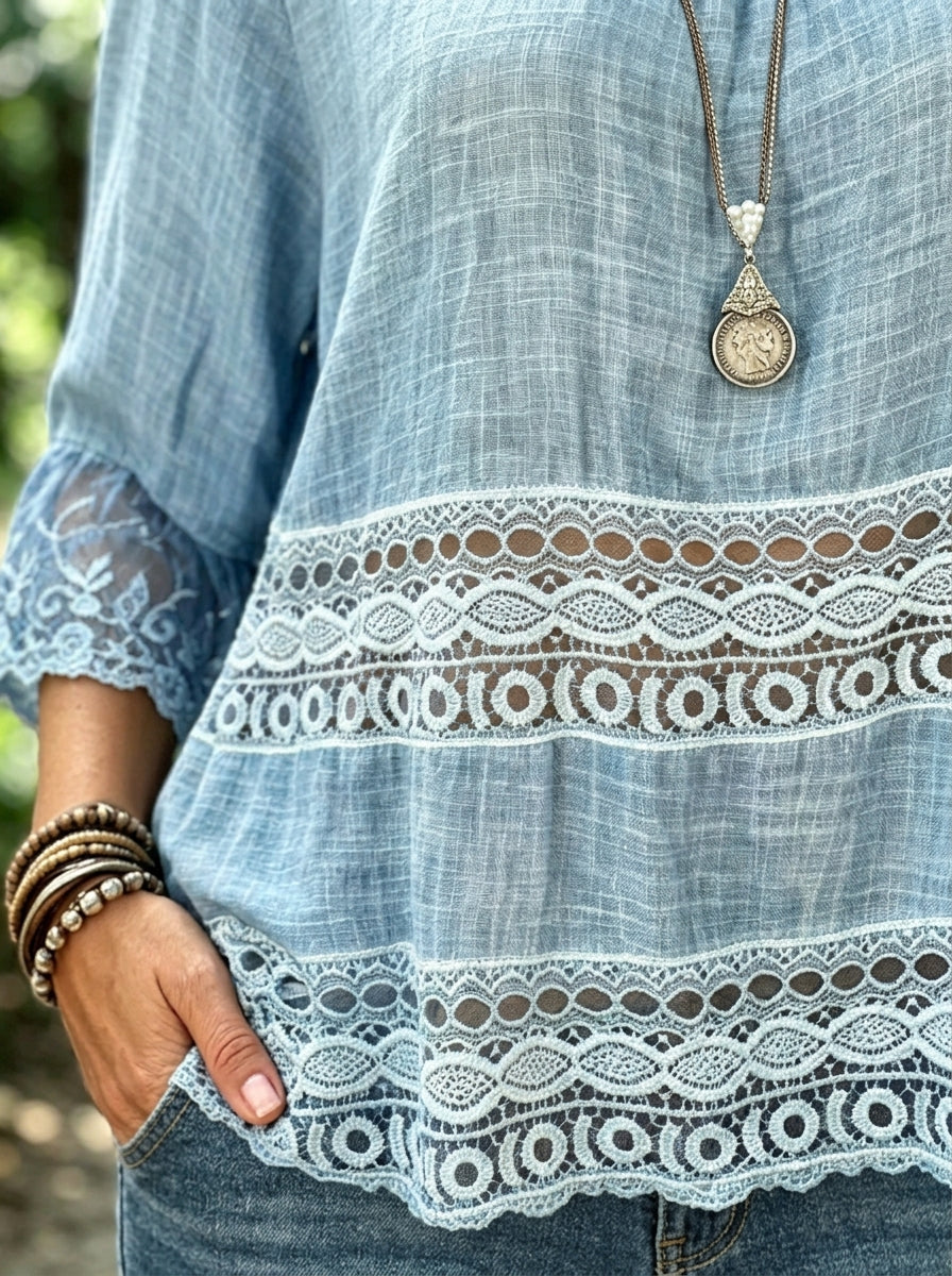 Women’s Round Neck Lace Panel Flare Sleeve Cotton Linen Blouse