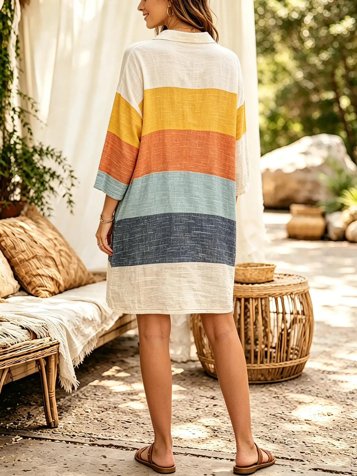 Women's Vintage Color Block Horizontal Stripe Print Collar 3/4 Sleeve Mini Dress
